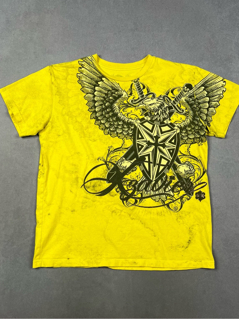 Affliction Style Xzavier Yellow Eagle Shield Graphic Short Sleeve Tee